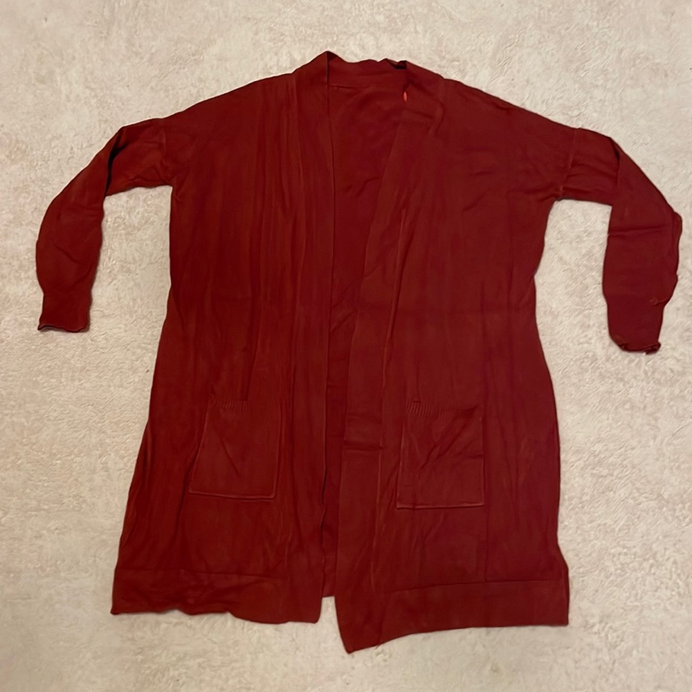 Red Longline Open-Front Cardigan with Front Pockets